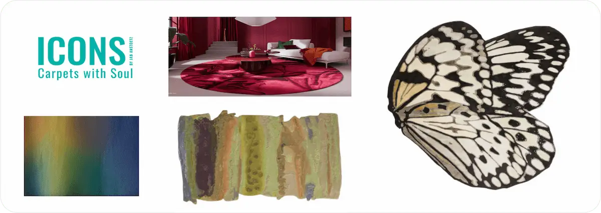 „Collage aus der JAB ICONS Teppichkollektion: künstlerische Designteppiche von Hadi Teherani, darunter ein roter Rundteppich in modernem Interieur, ein Teppich in Schmetterlingsform sowie abstrakte Farbverläufe und grafische Muster – handgetuftete Unikate